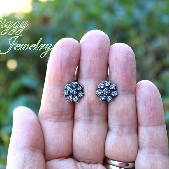 Austrian Crystal Flower Earrings, Green Erinite & Chrysolite, Assorted Finishes - Picture 5 of 5